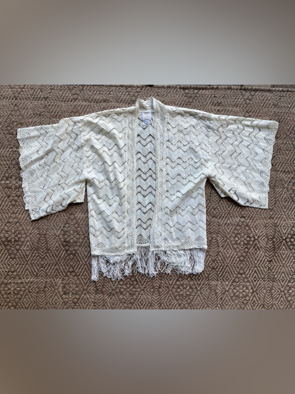 Anna Sui Boho Crochet Lace‎ Fringe Kimono Ivory White One Size - Picture 3 of 8